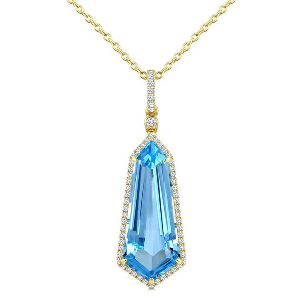 22X9 MM Evoque Gemstones Shield Shape Blue Topaz and 1/4 Ctw Round Cut Diamond Semi-Precious Pendant With Chain in 14K Yellow Gold