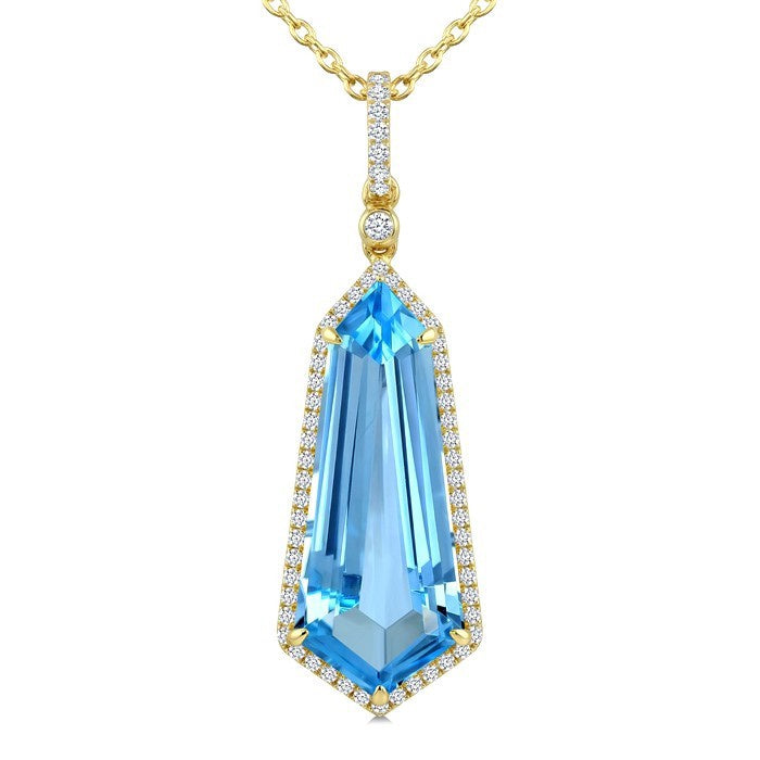 22X9 MM Evoque Gemstones Shield Shape Blue Topaz and 1/4 Ctw Round Cut Diamond Semi-Precious Pendant With Chain in 14K Yellow Gold