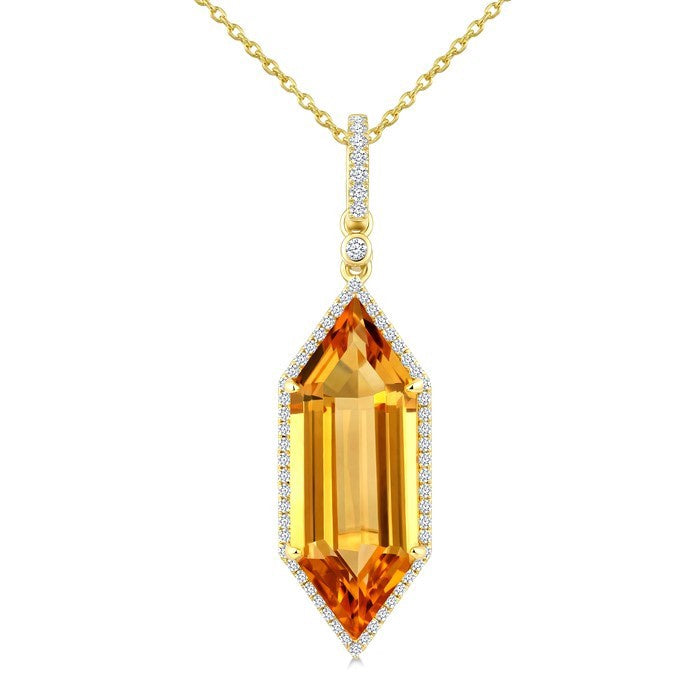 22X8 MM Evoque Gemstone Hexagon Shape Citrine and 1/4 Ctw Round Cut Diamond Semi-Precious Pendant With Chain in 14K Yellow Gold