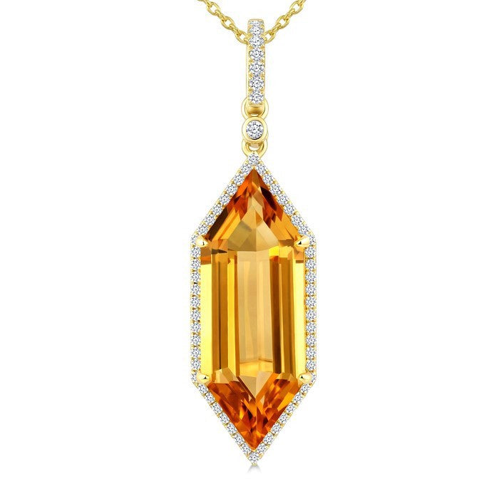 22X8 MM Evoque Gemstone Hexagon Shape Citrine and 1/4 Ctw Round Cut Diamond Semi-Precious Pendant With Chain in 14K Yellow Gold