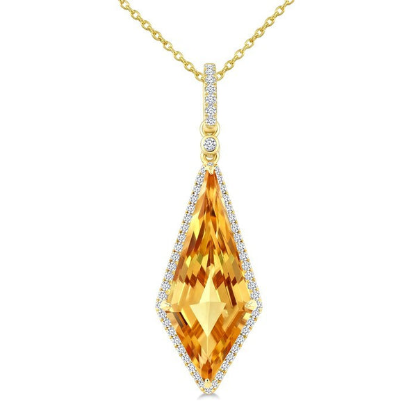 22X9 MM Evoque Gemstone Kite Shape Citrine and 1/4 Ctw Round Cut Diamond Semi-Precious Pendant With Chain in 14K Yellow Gold