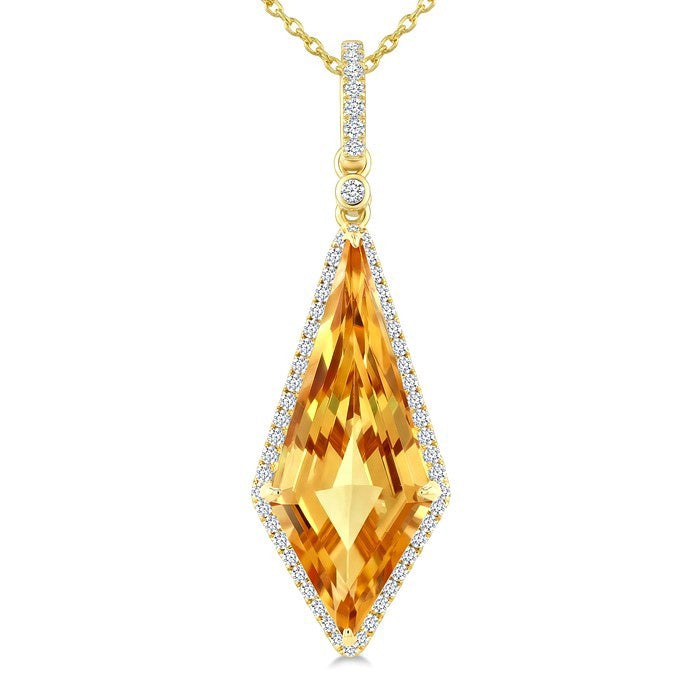 22X9 MM Evoque Gemstone Kite Shape Citrine and 1/4 Ctw Round Cut Diamond Semi-Precious Pendant With Chain in 14K Yellow Gold
