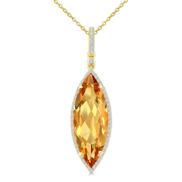 22X8 MM Evoque Gemstone Marquise Shape Citrine and 1/4 Ctw Round Cut Diamond Semi-Precious Pendant With Chain in 14K Yellow Gold