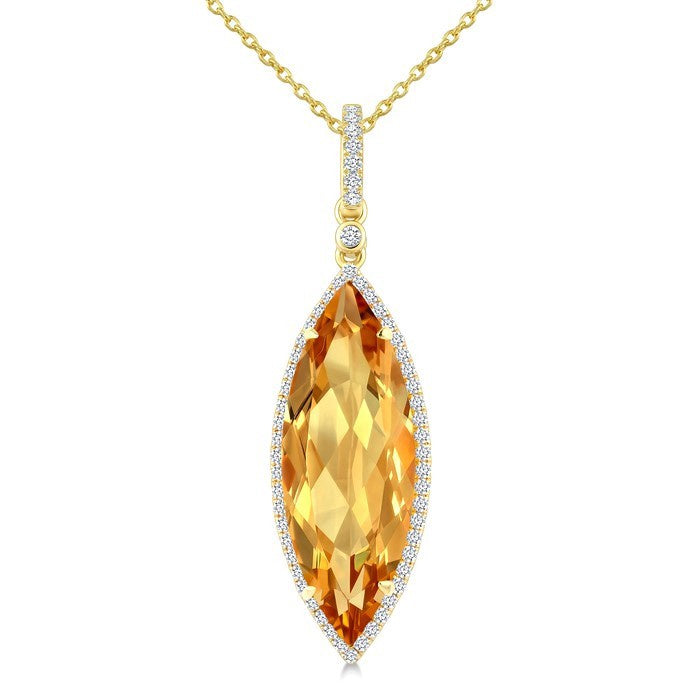 22X8 MM Evoque Gemstone Marquise Shape Citrine and 1/4 Ctw Round Cut Diamond Semi-Precious Pendant With Chain in 14K Yellow Gold