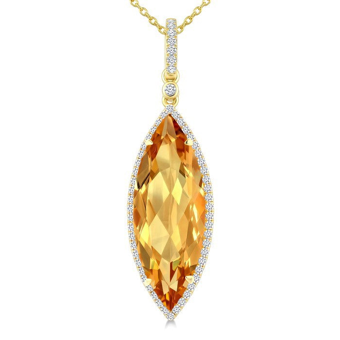 22X8 MM Evoque Gemstone Marquise Shape Citrine and 1/4 Ctw Round Cut Diamond Semi-Precious Pendant With Chain in 14K Yellow Gold