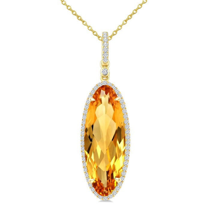 22X8 MM Evoque Gemstone Oval Shape Citrine and 1/4 Ctw Round Cut Diamond Semi-Precious Pendant With Chain in 14K Yellow Gold