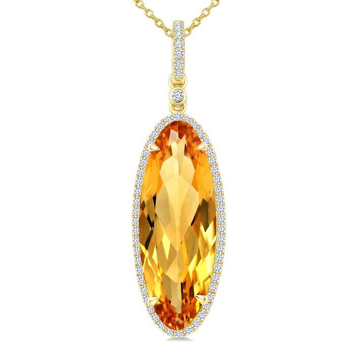 22X8 MM Evoque Gemstone Oval Shape Citrine and 1/4 Ctw Round Cut Diamond Semi-Precious Pendant With Chain in 14K Yellow Gold