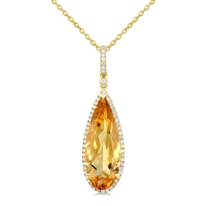 22X8 MM Evoque Gemstone Pear Shape Citrine and 1/4 Ctw Round Cut Diamond Semi-Precious Pendant With Chain in 14K Yellow Gold
