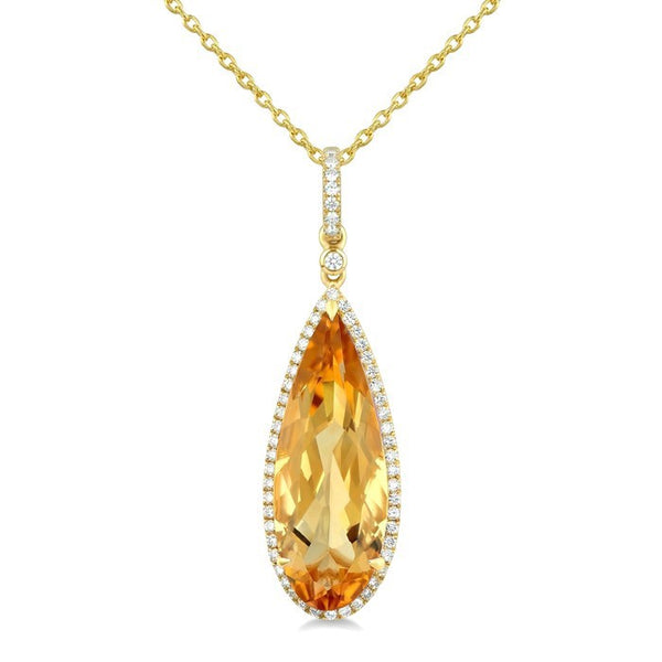 22X8 MM Evoque Gemstone Pear Shape Citrine and 1/4 Ctw Round Cut Diamond Semi-Precious Pendant With Chain in 14K Yellow Gold