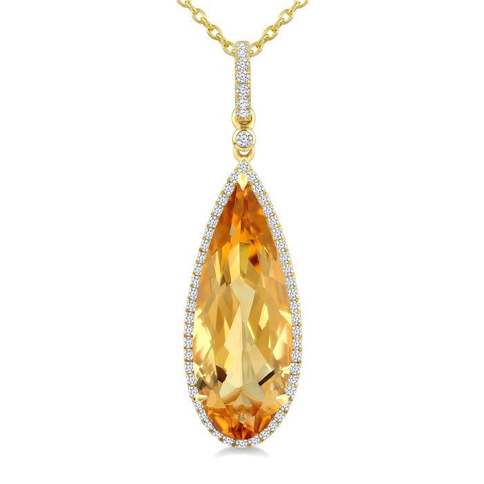 22X8 MM Evoque Gemstone Pear Shape Citrine and 1/4 Ctw Round Cut Diamond Semi-Precious Pendant With Chain in 14K Yellow Gold