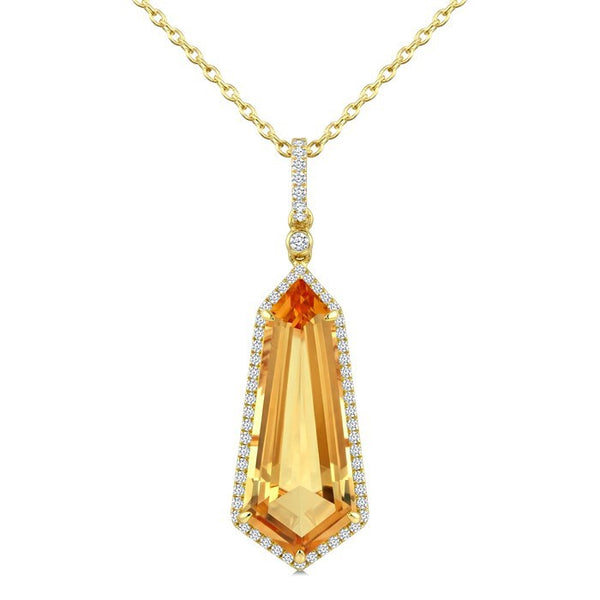 22X9 MM Evoque Gemstone Shield Shape Citrine and 1/4 Ctw Round Cut Diamond Semi-Precious Pendant With Chain in 14K Yellow Gold