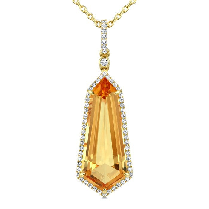 22X9 MM Evoque Gemstone Shield Shape Citrine and 1/4 Ctw Round Cut Diamond Semi-Precious Pendant With Chain in 14K Yellow Gold