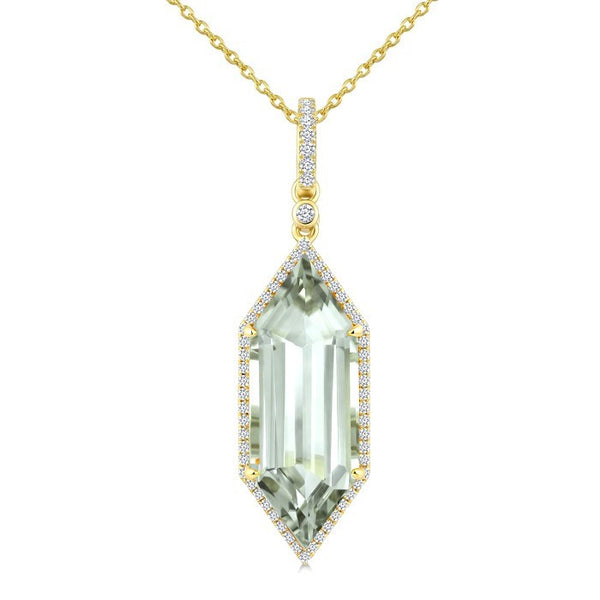 22X8 MM Evoque Gemstone Hexagon Shape Green Amethyst and 1/4 Ctw Round Cut Diamond Semi-Precious Pendant With Chain in 14K Yellow Gold