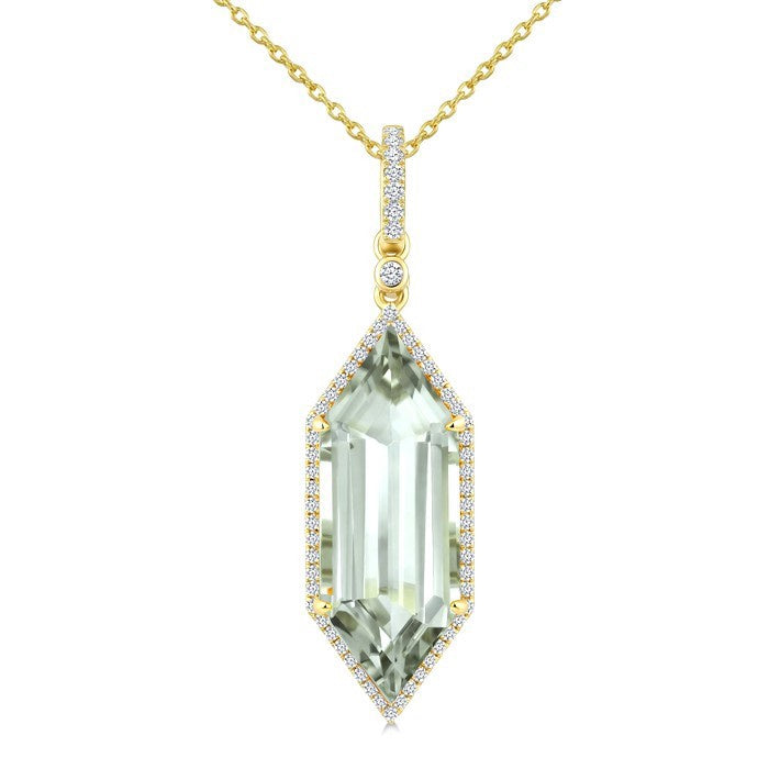 22X8 MM Evoque Gemstone Hexagon Shape Green Amethyst and 1/4 Ctw Round Cut Diamond Semi-Precious Pendant With Chain in 14K Yellow Gold