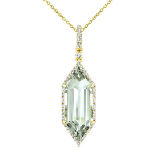 22X8 MM Evoque Gemstone Hexagon Shape Green Amethyst and 1/4 Ctw Round Cut Diamond Semi-Precious Pendant With Chain in 14K Yellow Gold