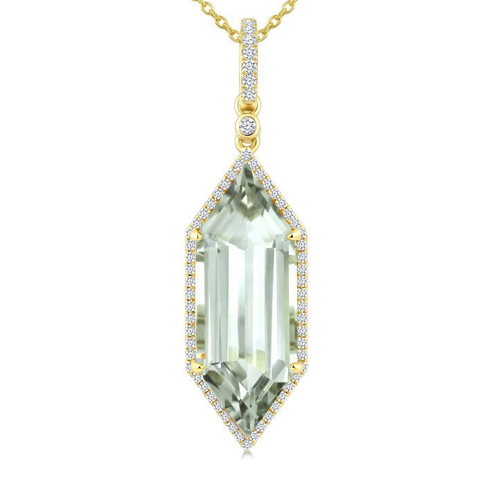 22X8 MM Evoque Gemstone Hexagon Shape Green Amethyst and 1/4 Ctw Round Cut Diamond Semi-Precious Pendant With Chain in 14K Yellow Gold