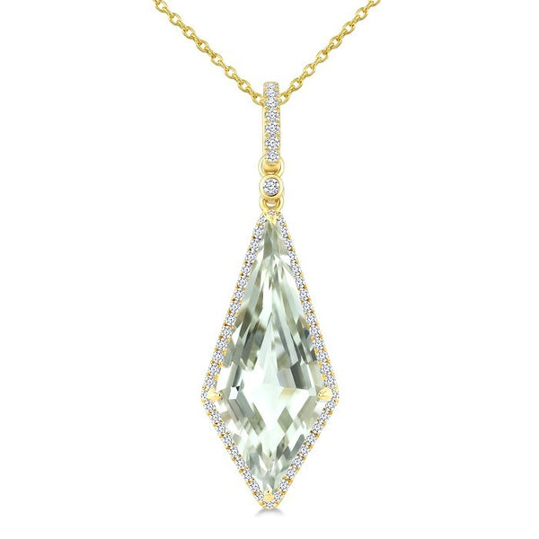 22X9 MM Evoque Gemstone Kite Shape Green Amethyst and 1/4 Ctw Round Cut Diamond Semi-Precious Pendant With Chain in 14K Yellow Gold