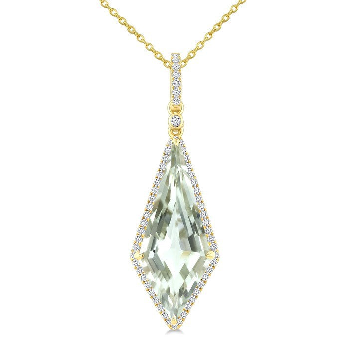 22X9 MM Evoque Gemstone Kite Shape Green Amethyst and 1/4 Ctw Round Cut Diamond Semi-Precious Pendant With Chain in 14K Yellow Gold