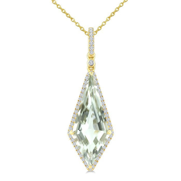 22X9 MM Evoque Gemstone Kite Shape Green Amethyst and 1/4 Ctw Round Cut Diamond Semi-Precious Pendant With Chain in 14K Yellow Gold