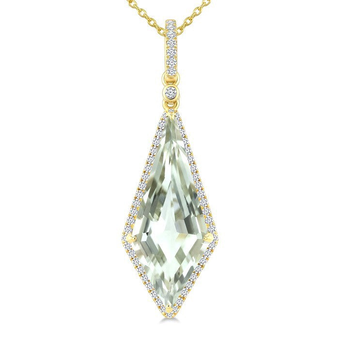 22X9 MM Evoque Gemstone Kite Shape Green Amethyst and 1/4 Ctw Round Cut Diamond Semi-Precious Pendant With Chain in 14K Yellow Gold