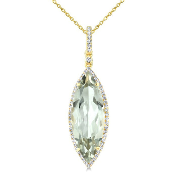 22X8 MM Evoque Gemstone Marquise Shape Green Amethyst and 1/4 Ctw Round Cut Diamond Semi-Precious Pendant With Chain in 14K Yellow Gold