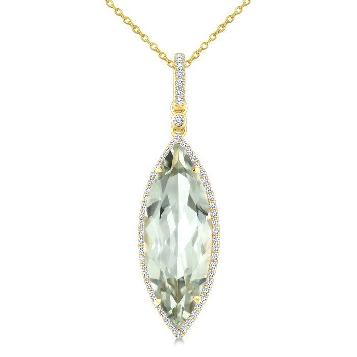 22X8 MM Evoque Gemstone Marquise Shape Green Amethyst and 1/4 Ctw Round Cut Diamond Semi-Precious Pendant With Chain in 14K Yellow Gold