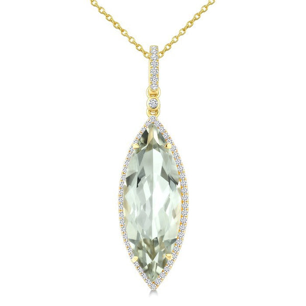 22X8 MM Evoque Gemstone Marquise Shape Green Amethyst and 1/4 Ctw Round Cut Diamond Semi-Precious Pendant With Chain in 14K Yellow Gold