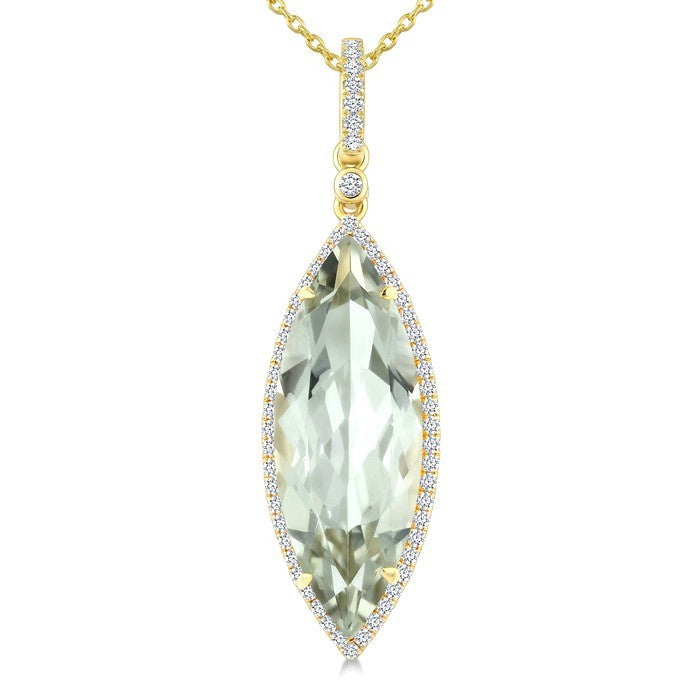 22X8 MM Evoque Gemstone Marquise Shape Green Amethyst and 1/4 Ctw Round Cut Diamond Semi-Precious Pendant With Chain in 14K Yellow Gold