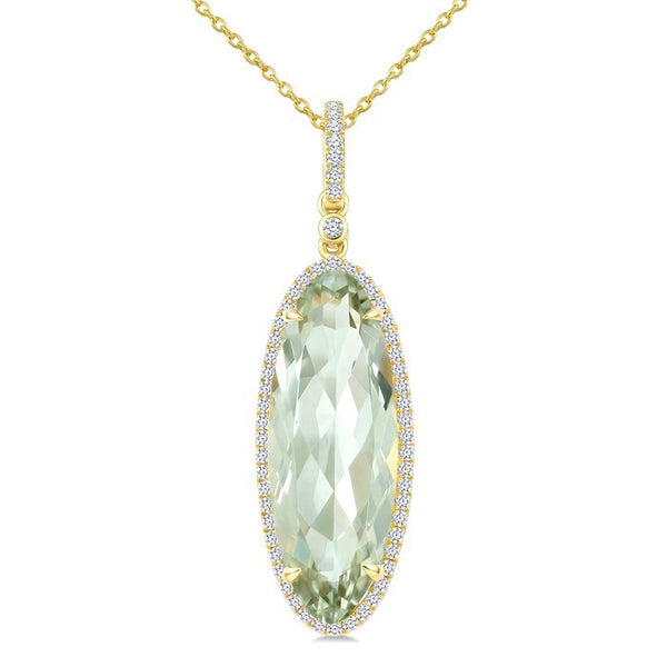 22X8 MM Evoque Gemstone Oval Shape Green Amethyst and 1/4 Ctw Round Cut Diamond Semi-Precious Pendant With Chain in 14K Yellow Gold