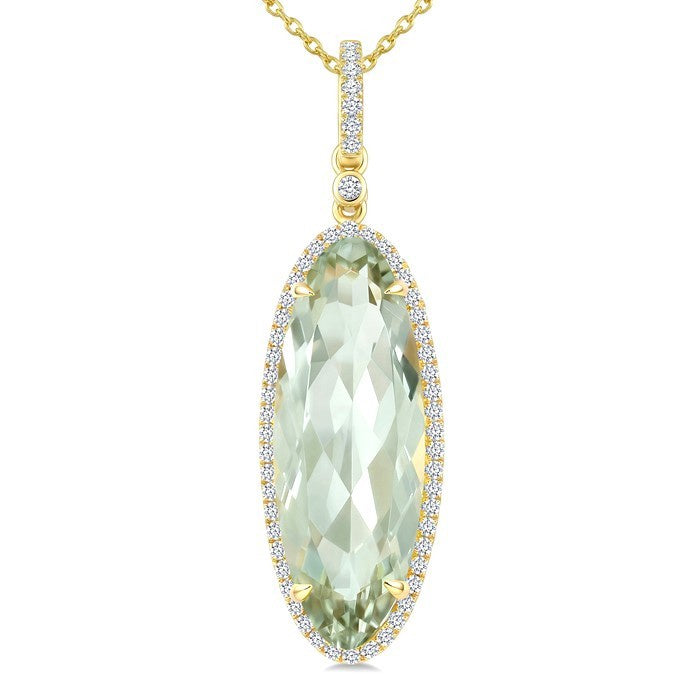22X8 MM Evoque Gemstone Oval Shape Green Amethyst and 1/4 Ctw Round Cut Diamond Semi-Precious Pendant With Chain in 14K Yellow Gold