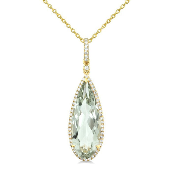 22X8 MM Evoque Gemstone Pear Shape Green Amethyst and 1/4 Ctw Round Cut Diamond Semi-Precious Pendant With Chain in 14K Yellow Gold