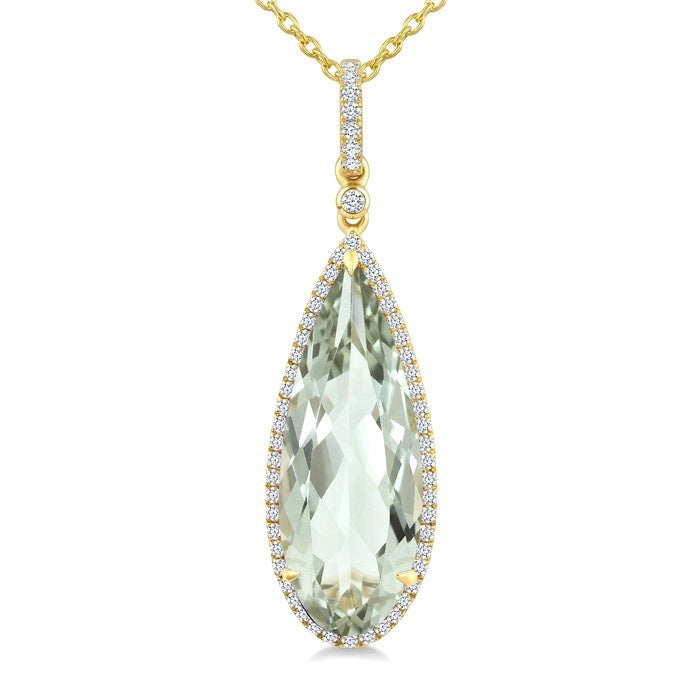 22X8 MM Evoque Gemstone Pear Shape Green Amethyst and 1/4 Ctw Round Cut Diamond Semi-Precious Pendant With Chain in 14K Yellow Gold