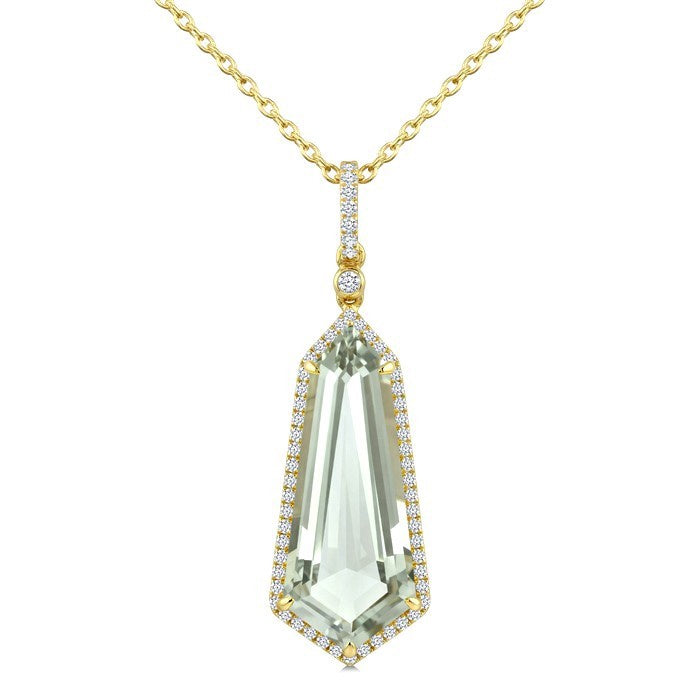 22X9 MM Evoque Gemstone Shield Shape Green Amethyst and 1/4 Ctw Round Cut Diamond Semi-Precious Pendant With Chain in 14K Yellow Gold