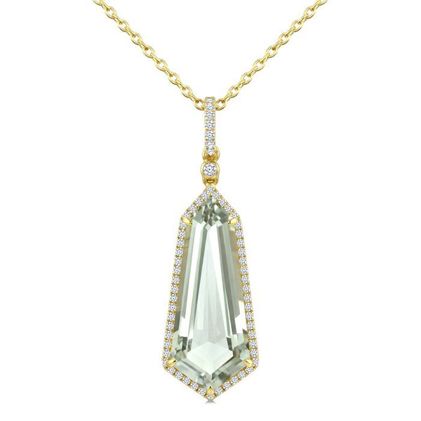 22X9 MM Evoque Gemstone Shield Shape Green Amethyst and 1/4 Ctw Round Cut Diamond Semi-Precious Pendant With Chain in 14K Yellow Gold