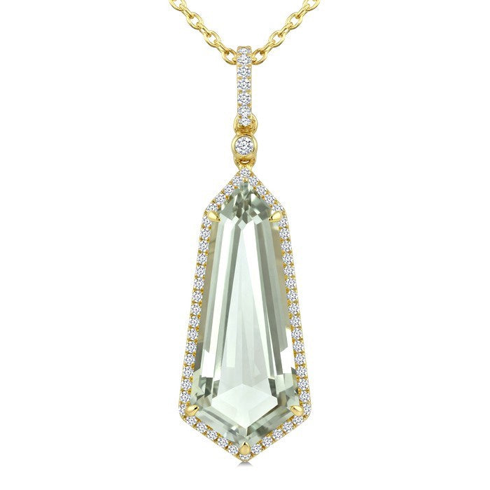 22X9 MM Evoque Gemstone Shield Shape Green Amethyst and 1/4 Ctw Round Cut Diamond Semi-Precious Pendant With Chain in 14K Yellow Gold