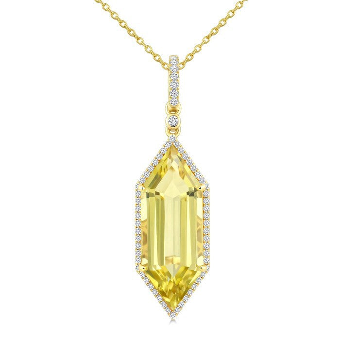 22X8 MM Evoque Gemstones Hexagon Shape Lemon Quartz and 1/4 Ctw Round Cut Diamond Semi-Precious Pendant With Chain in 14K Yellow Gold