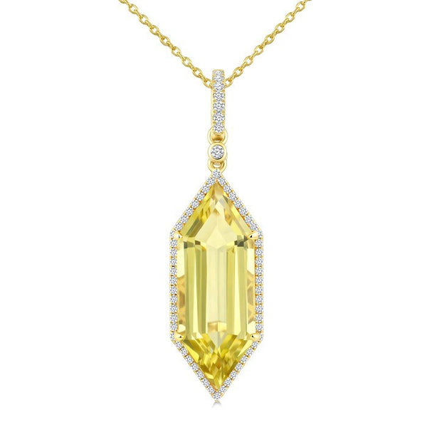 22X8 MM Evoque Gemstones Hexagon Shape Lemon Quartz and 1/4 Ctw Round Cut Diamond Semi-Precious Pendant With Chain in 14K Yellow Gold