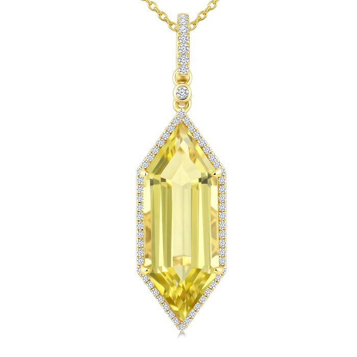 22X8 MM Evoque Gemstones Hexagon Shape Lemon Quartz and 1/4 Ctw Round Cut Diamond Semi-Precious Pendant With Chain in 14K Yellow Gold