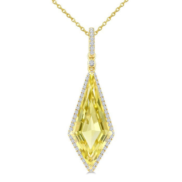 22X9 MM Evoque Gemstones Kite Shape Lemon Quartz and 1/4 Ctw Round Cut Diamond Semi-Precious Pendant With Chain in 14K Yellow Gold