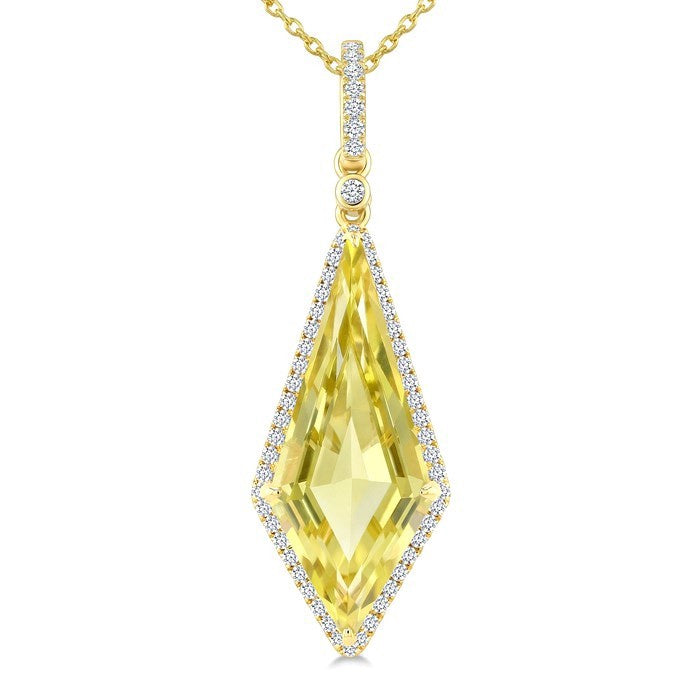 22X9 MM Evoque Gemstones Kite Shape Lemon Quartz and 1/4 Ctw Round Cut Diamond Semi-Precious Pendant With Chain in 14K Yellow Gold