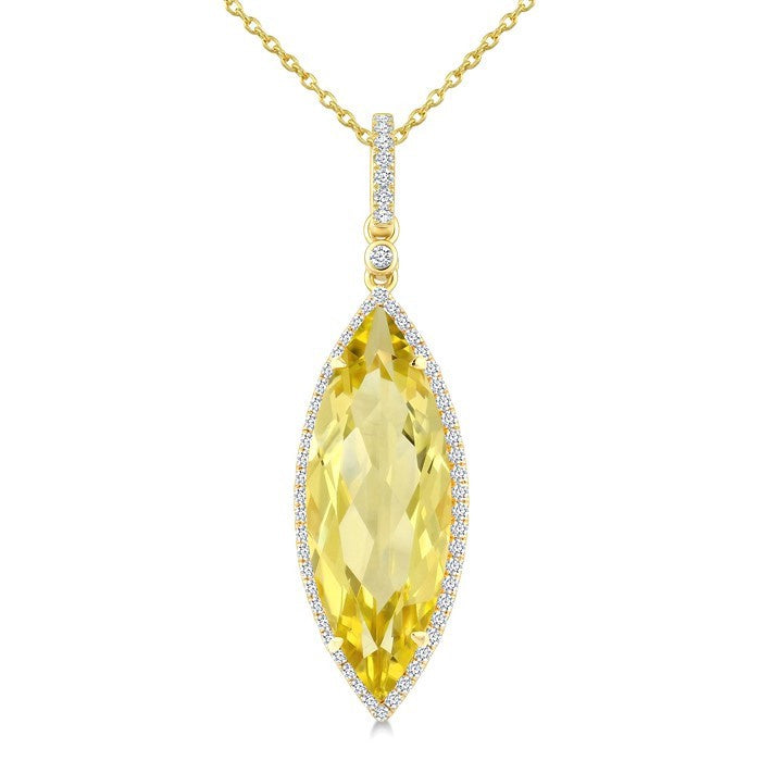 22X8 MM Evoque Gemstones Marquise Shape Lemon Quartz and 1/4 Ctw Round Cut Diamond Semi-Precious Pendant With Chain in 14K Yellow Gold
