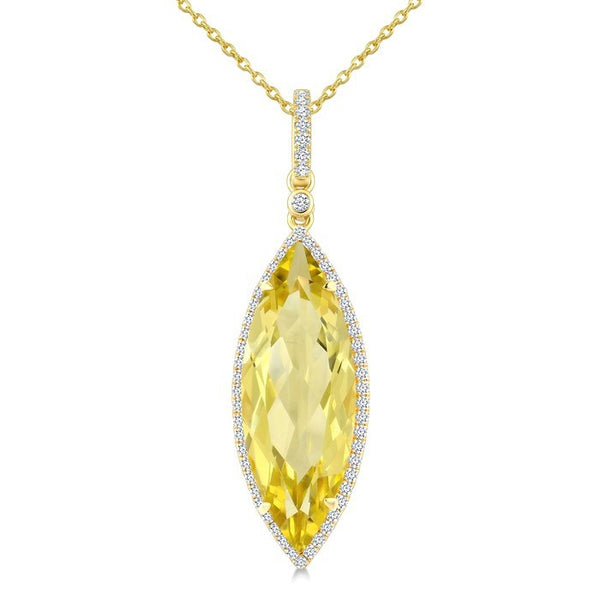 22X8 MM Evoque Gemstones Marquise Shape Lemon Quartz and 1/4 Ctw Round Cut Diamond Semi-Precious Pendant With Chain in 14K Yellow Gold