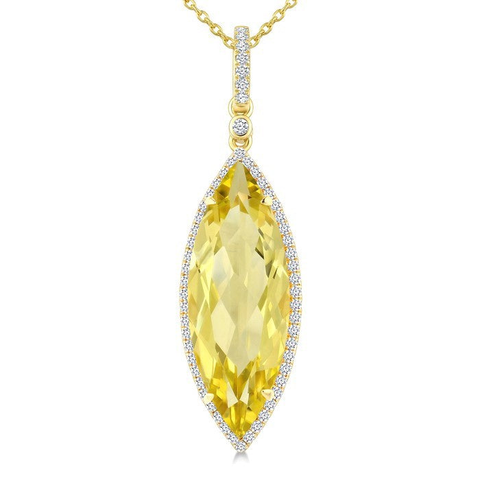 22X8 MM Evoque Gemstones Marquise Shape Lemon Quartz and 1/4 Ctw Round Cut Diamond Semi-Precious Pendant With Chain in 14K Yellow Gold