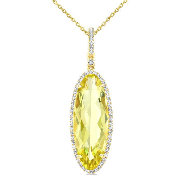 22X8 MM Evoque Gemstones Oval Shape Lemon Quartz and 1/4 Ctw Round Cut Diamond Semi-Precious Pendant With Chain in 14K Yellow Gold