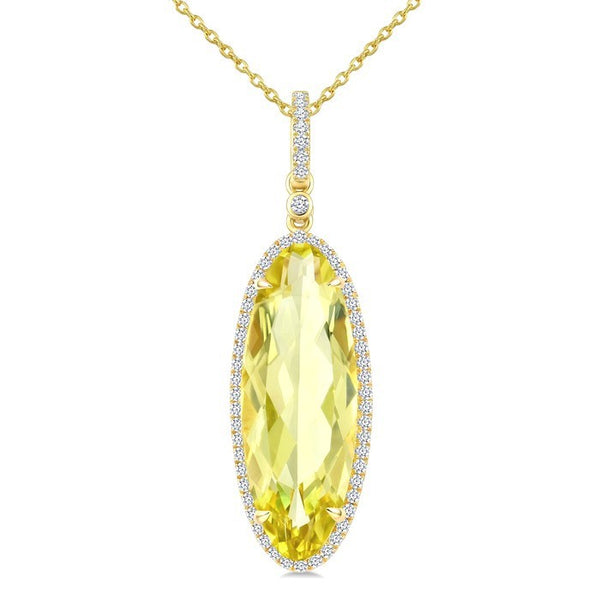 22X8 MM Evoque Gemstones Oval Shape Lemon Quartz and 1/4 Ctw Round Cut Diamond Semi-Precious Pendant With Chain in 14K Yellow Gold