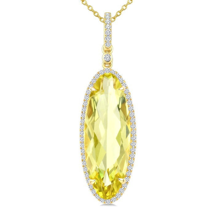 22X8 MM Evoque Gemstones Oval Shape Lemon Quartz and 1/4 Ctw Round Cut Diamond Semi-Precious Pendant With Chain in 14K Yellow Gold