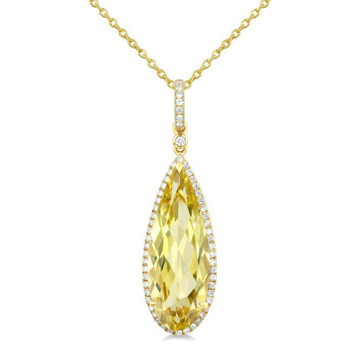 22X8 MM Evoque Gemstones Pear Shape Lemon Quartz and 1/4 Ctw Round Cut Diamond Semi-Precious Pendant With Chain in 14K Yellow Gold