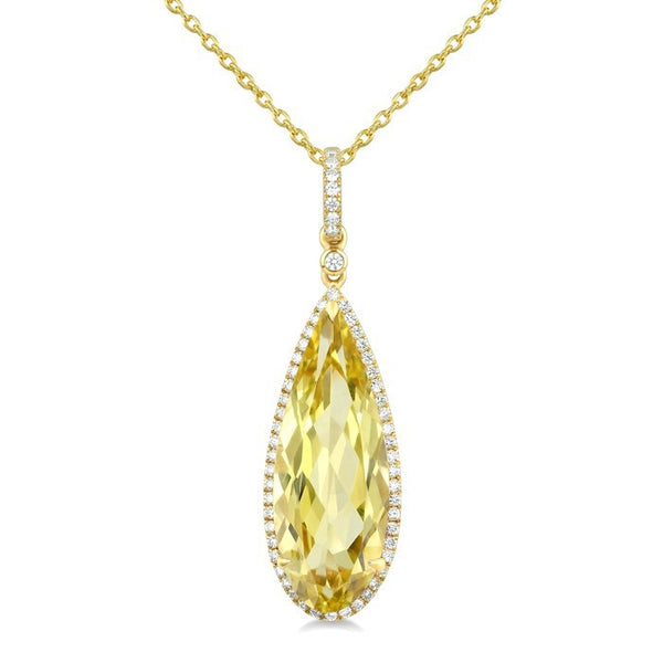22X8 MM Evoque Gemstones Pear Shape Lemon Quartz and 1/4 Ctw Round Cut Diamond Semi-Precious Pendant With Chain in 14K Yellow Gold