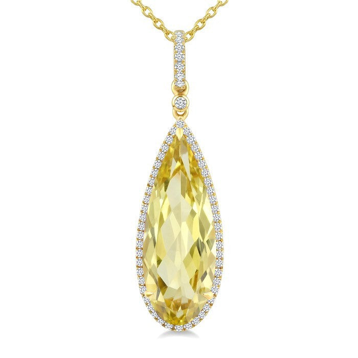 22X8 MM Evoque Gemstones Pear Shape Lemon Quartz and 1/4 Ctw Round Cut Diamond Semi-Precious Pendant With Chain in 14K Yellow Gold