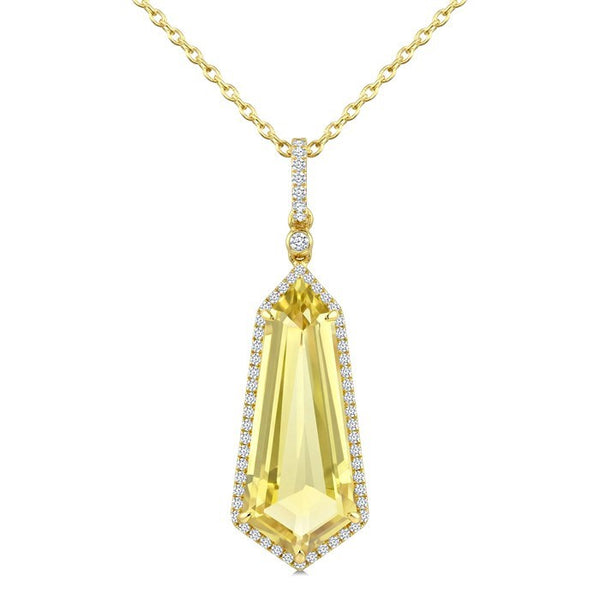 22X9 MM Evoque Gemstones Shield Shape Lemon Quartz and 1/4 Ctw Round Cut Diamond Semi-Precious Pendant With Chain in 14K Yellow Gold